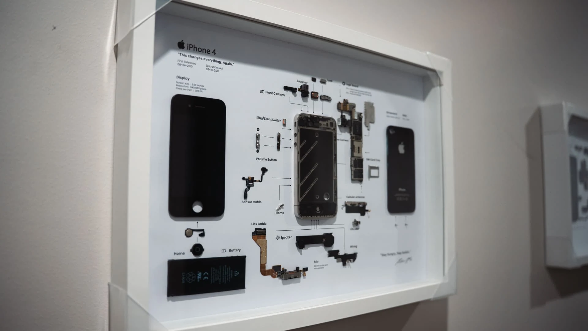 Framed display of a disassembled iPhone and its components at our workplace