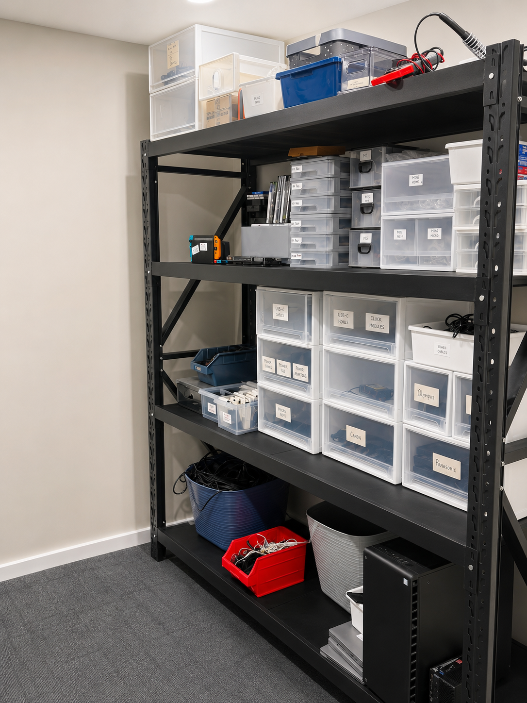 Organised storage of cables, parts and components at the workshop